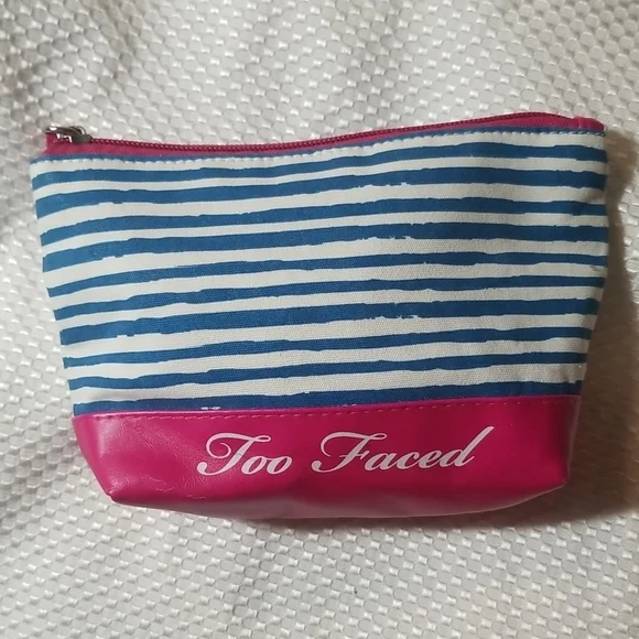 TOO FACED BLUE & WHITE STRIOED COSMETIC CASE