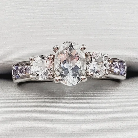 Goshenite & Tanzanite Ring 925 Sterling Silver Ring Three Stone Ring