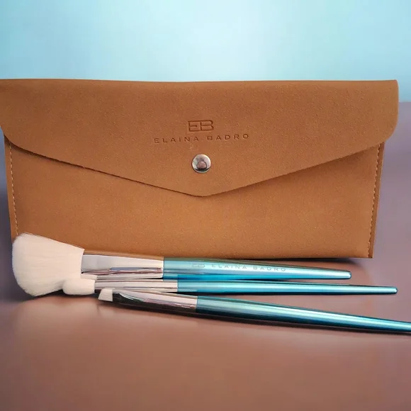 Elaina Badro Blue Makeup Brush Set with Tan Case