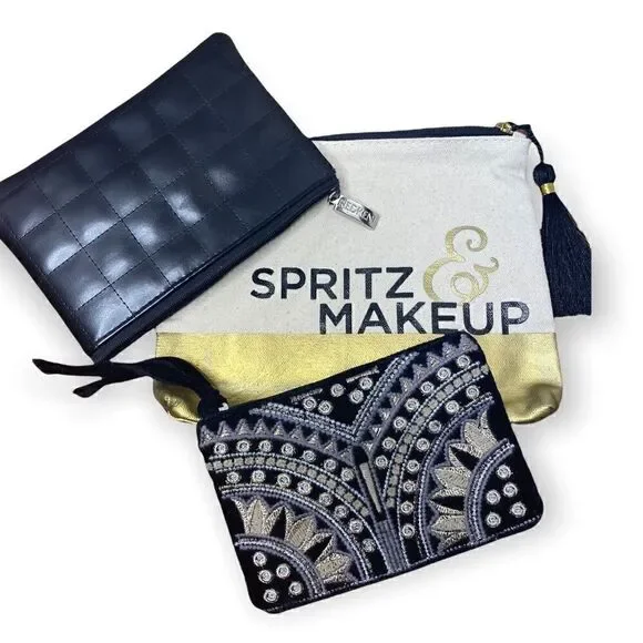 Set of 3 makeup bags world market, redken & poo pourri black gold and cream