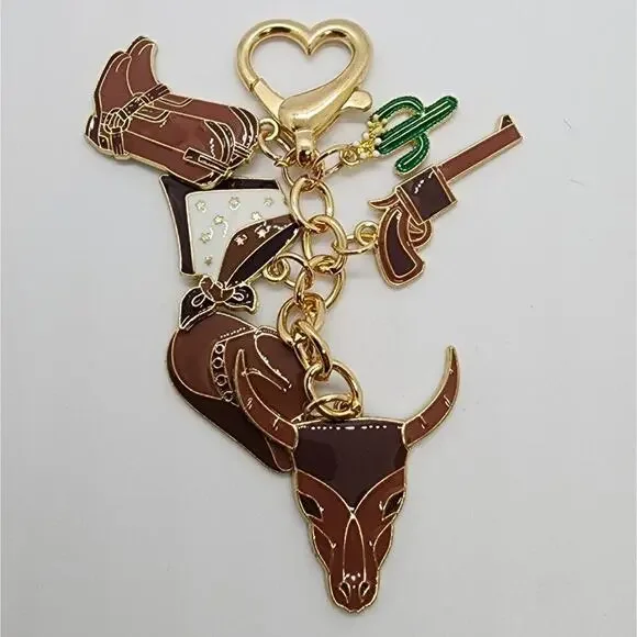 Western Cowboy Bag Charm Keychain Hat Scarf Cactus Cattle Brown Coloring Enamel