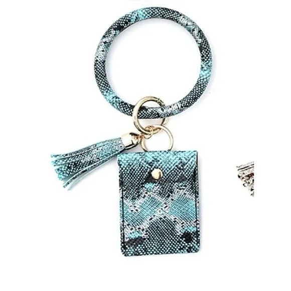 Womens Snake Print Faux Leather Keychain Bracelet Card Holder Wallet Bangle Blue