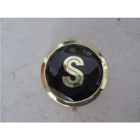 Modern‎ Expressions Monogramed S Black Gold Tone Compact Mirror Geometric shape