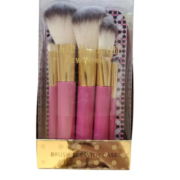 Isaac Mizrahi 5 Brush Set with Case - Makeup Brushes - Pink‎ & Gold New