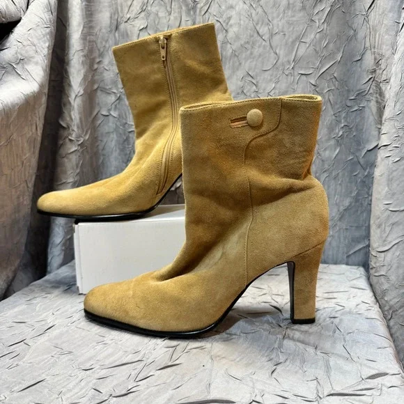 Aerosoles Smartistic Tan Suede Ankle Boots Block Heel Side Zip Womens 7M