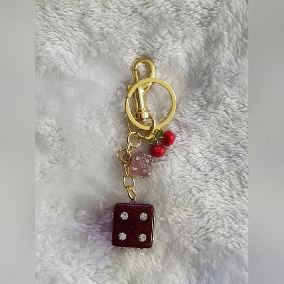 Gold and Red Dice Keychain with Cherry Charm Bag Charm