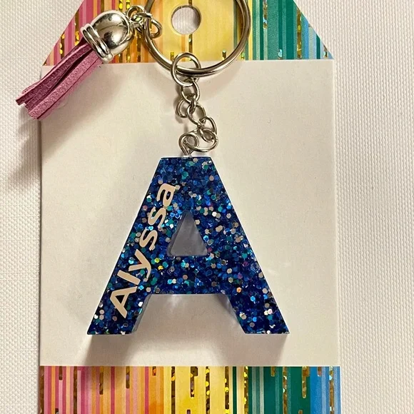 Alyssa, letter A, glitter resin‎ keychain