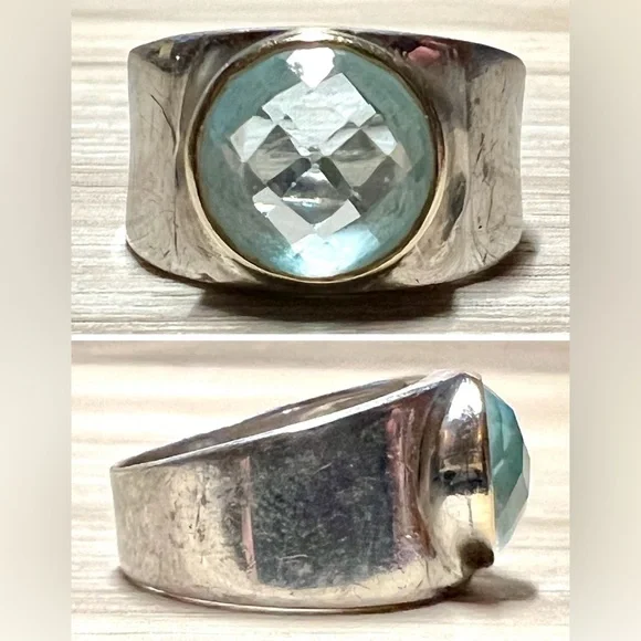 Vintage Designer Signed ATR Sterling Silver & 14K Gold Blue Topaz Ring, Size 6.5