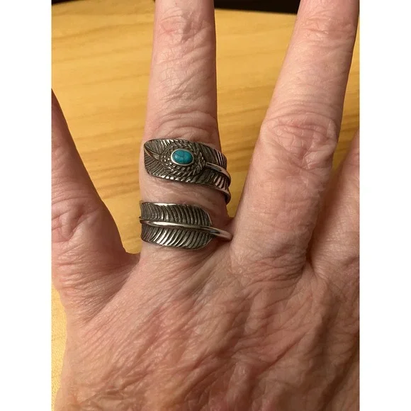 Vintage Southwestern Turquoise Feather Bypass Ring Silver Tone Boho Size‎ 6.5