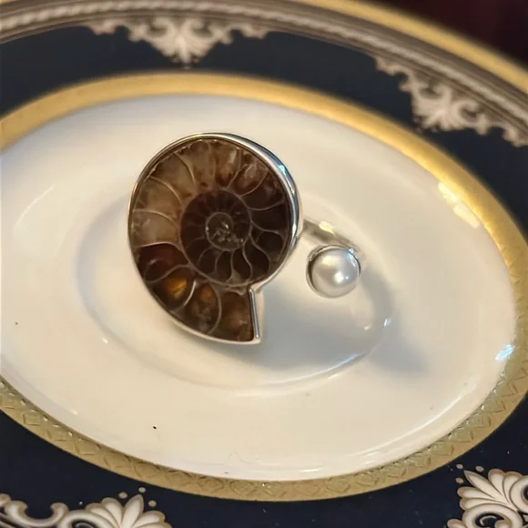 Ammonite Shell and Cultured Freshwater Pearl Sterling Silver Ring