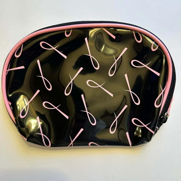 Pink Ribbon Breast Cancer Awareness Cosmetic Makeup‎ Bag Black Pouch vintage