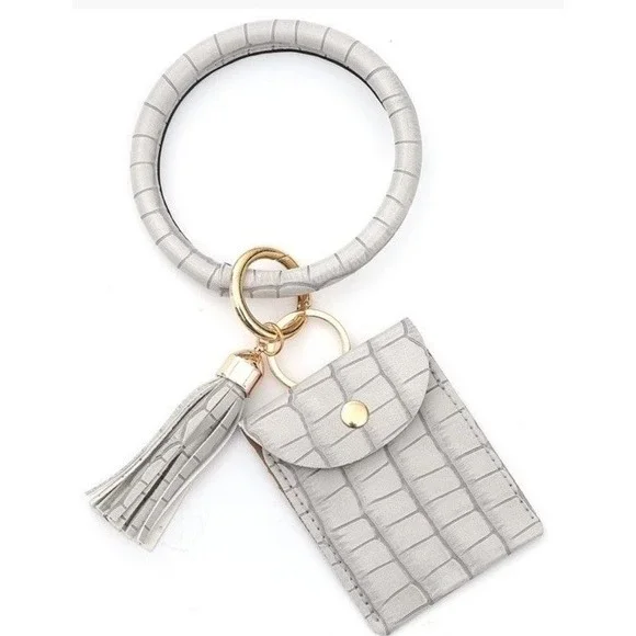 Womens Gray Crocodile‎ Texture Keychain Card Holder Bangle Wallet Tassel Bangle