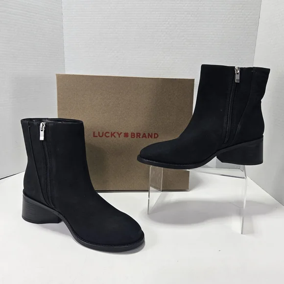 Lucky Brand Women's Caddier Black Block Heel Ankle Booties Boots Size 7.5 7 1/2