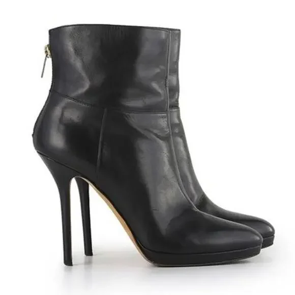 Jimmy Choo Ankle Booties Black‎ Leather Stiletto Heels Boots Sz 37.5 / 7.5