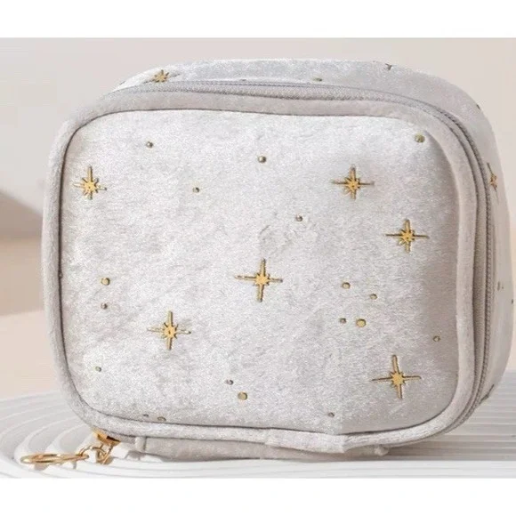 Celestial Stars Silver Velour Gold Embroidered Zip Travel Bag Small Portable NEW