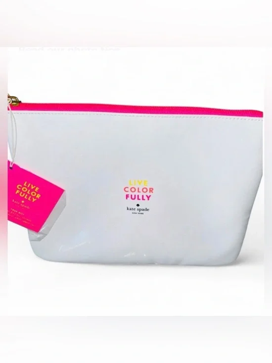 NEW Kate Spade Cosmetic Make-Up Bag LIVE COLORFULLY Bag Pouch White Neon NWT