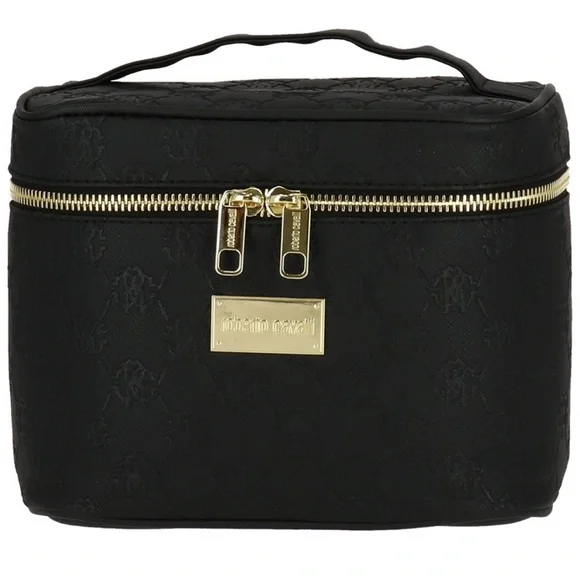 NEW Roberto Cavalli Black Embossed Monogram Cosmetic Bag Train Case