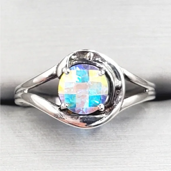 Genuine Round Checkerboard Cut Mercury Mystic Topaz 925 Sterling Silver Ring