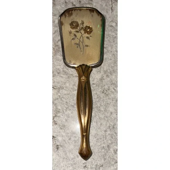 Vintage Victorian Hair Brush Copper Handle 3D Flower Accents Removable Brush
