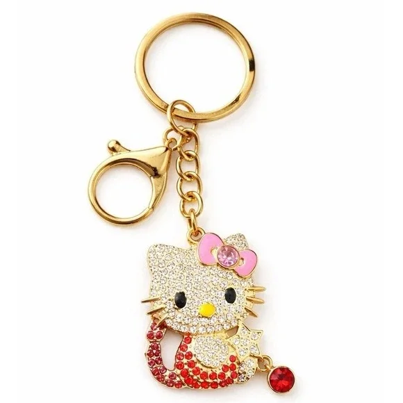 Hello Kitty w/ Bow Red Bling Rhinestone Keychain Bag Purse Charm Backpack 4