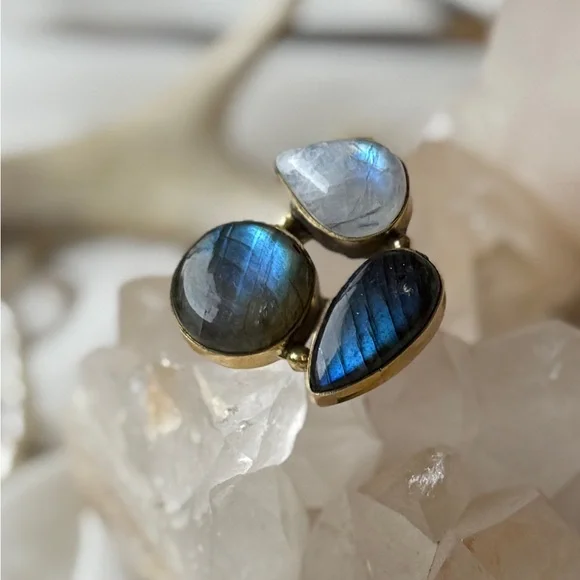 Triple Precious Gemstone Set Gold Plated Sterling Silver Statement Ring