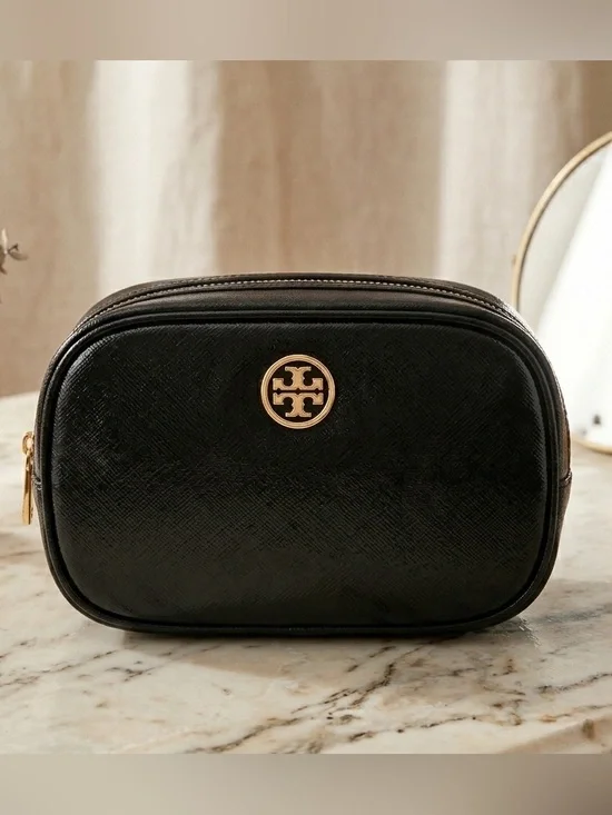 Tory Burch Small Black Leather Zip Cosmetic Case with Gold Logo 4” x 6” x 2”