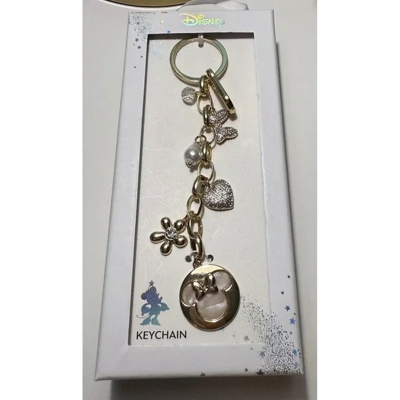 Disney Minnie Mouse Gold Tone Charm Keychain LA Rocks Heart Flower Pearl NIB