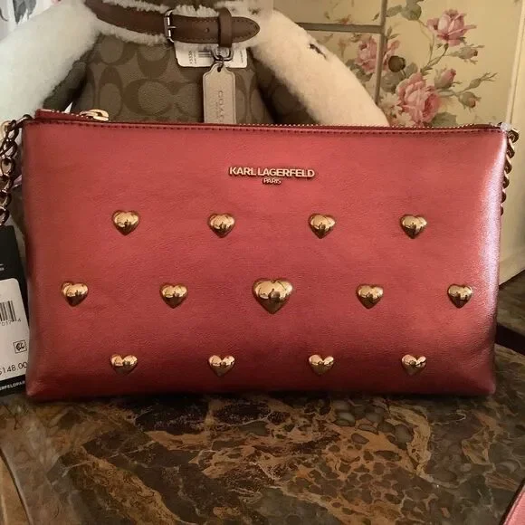 KARL LAGERFELD KAROLINA LIGHT METALLIC RED CRANBERRY CROSSBODY NEW WITH …
