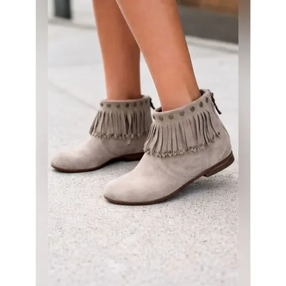 Anine Bing Suede Fringe Ankle Boots Studded Western Boho Taupe EU 37/ US 7