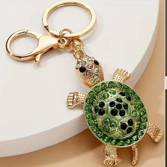 Green and Gold Tone Sea Turtle Tortoise Rhinestone Keychain Bag Charm Pendent