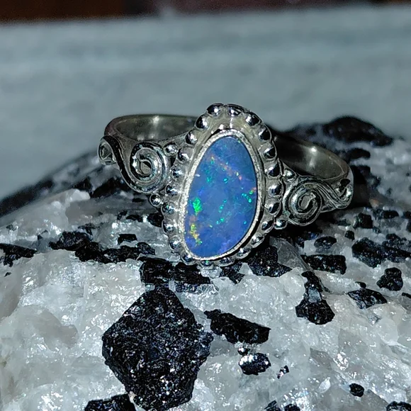 Dainty Sterling Silver Australian Opal Ring Size 8