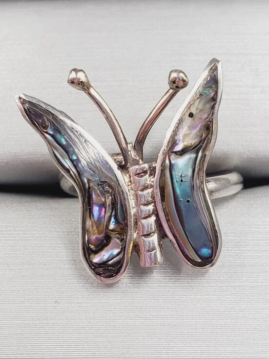 Abalone Butterfly 925 Sterling Silcer Artisan Iridescent Vintage Ring