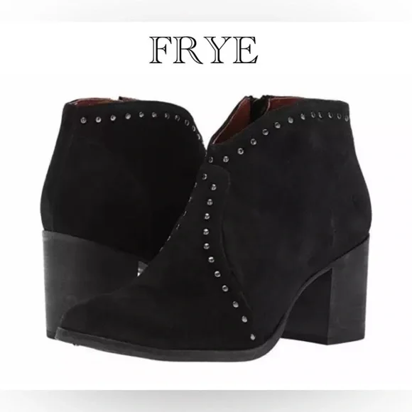 Frye® Nora Oiled Italian Black Leather Suede Stud Booties Block Heel size 9.5