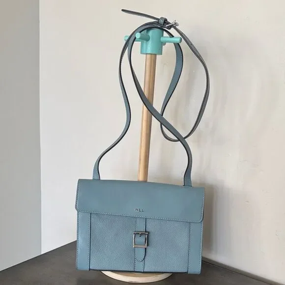Lauren Ralph Lauren Mullinder Slate Blue Pebble Leather Crossbody Magnetic Flap