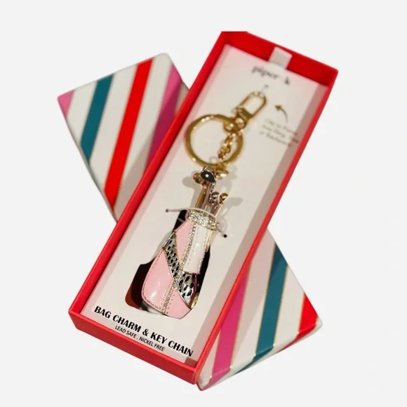 NWT Piper K Golf Rhinestone Keychain Bag Purse Charm Pink Gold Silver