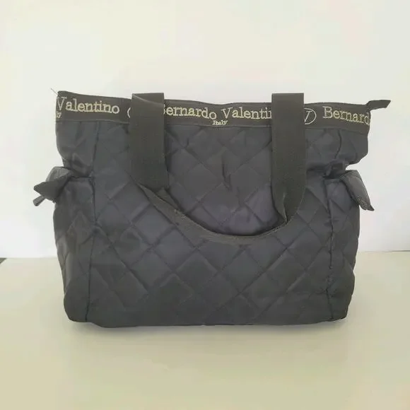 Bernardo Valentino Quilted Tote Shoulder Bag Black Nylon Lightweight Zip Large‎