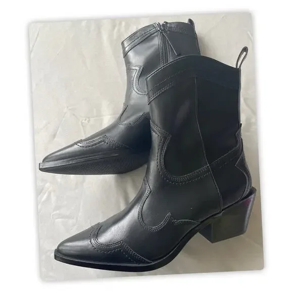 Madden Girl Women’s Black Western Ankle Boots Pointed Toe Block Heel 8M NWOT