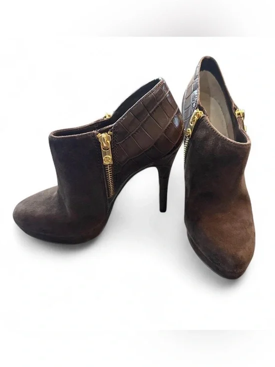 Michael Kors Brown Suede Croc Embossed Gold Zip Booties 5