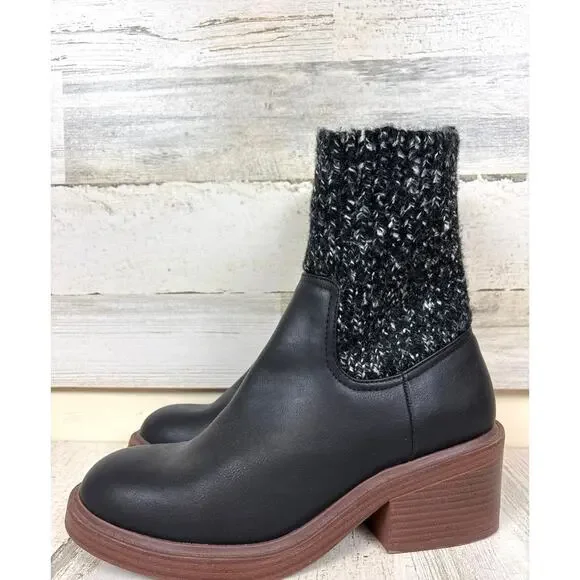 Portland Womens 10 Black Vegan Leather Knit Chelsea Heeled Ankle Boot NEW