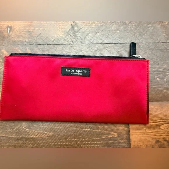 Red Black canvas Kate Spade zip pencil makeup travel pouch GUC