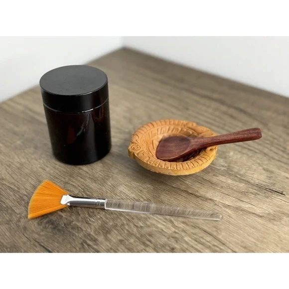 Facial Mask Mixing Set Amber Glass Jar‎ Terracotta Bowl Wooden Spoon Fan Brush
