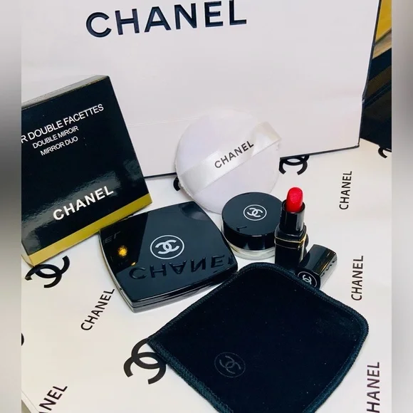 Chanel Two-Way Compact Mirror Bundle wi/Mini Lipstick, Powder Puff, Travel Jar