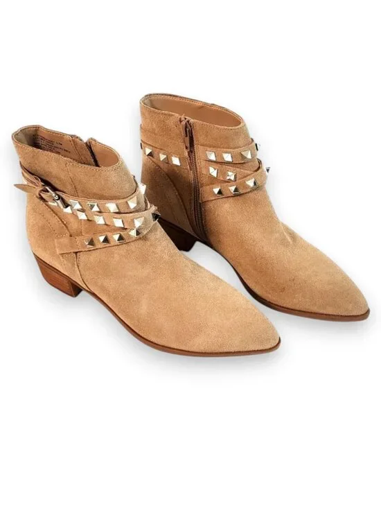 Steve Madden Besto Studded Suede Western Ankle Block Heel Booties Taupe Size 5.5