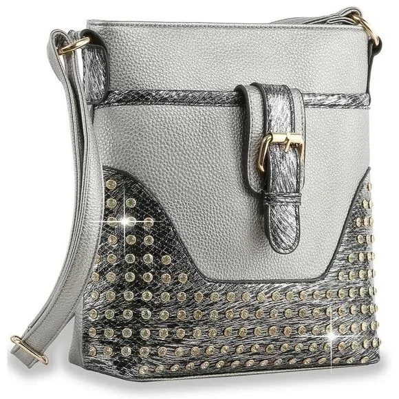 Pewter Rhinestone Crossbody Sling Medium Crossbody Bag Cell Phone Purse Handbag