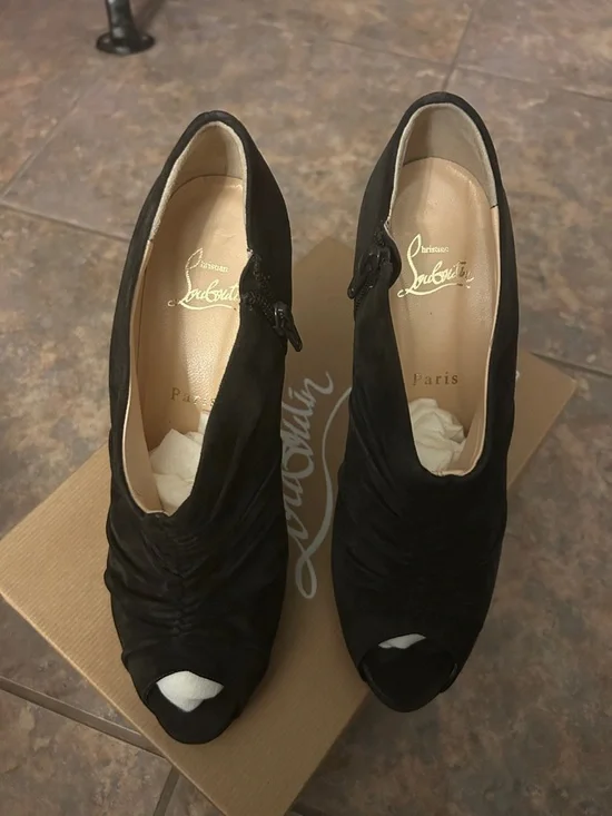 Christian Louboutin Treopli 120 peep-toe platform booties in black ruched suede