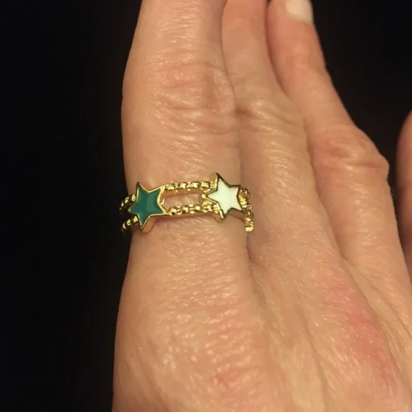 Gold Tone Star Ring with Green and White Accents