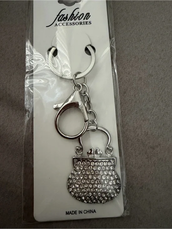 Purse, keychain bag, charm, silver tone rhinestone
