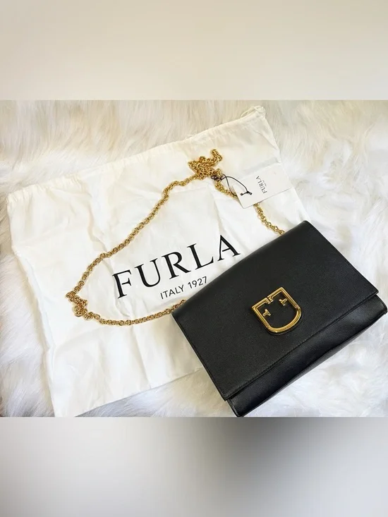 Furla NWT Viva Mini Pochette Leather Logo Crossbody in Onyx/Black Rare