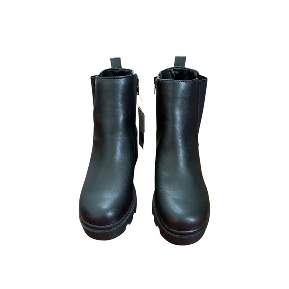 Black Faux Leather Lug Sole Chelsea Boots Chunky‎ Heel Side Zip Women Size 11