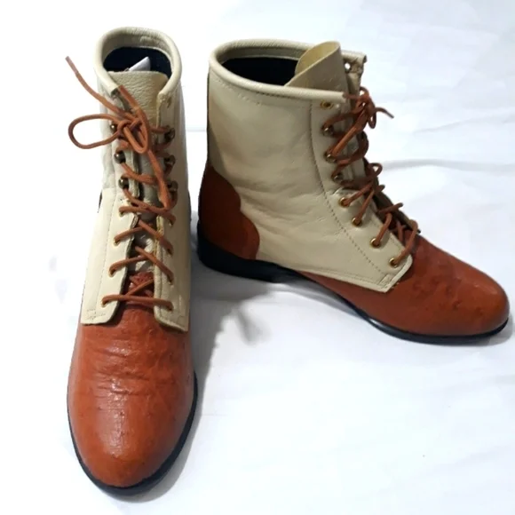 Vintage J. Chisholm USA 7M Booties Brown & Cream New Genuine Leather Siz…